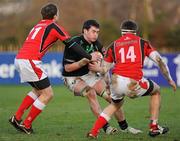 7 March 2012; Brian Moylett, Connacht A, is tackled by Johnny Burgess and Conor Gaston, Ulster Ravens. Representative Friendly, Ulster Ravens v Connacht A, Deramore Park, Belfast, Co. Antrim. Picture credit: Oliver McVeigh / SPORTSFILE