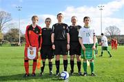 8 March 2012; Belgium captain Nathan Leyder and Republic of Ireland captain Dan Tobin with referee Simon Dragichi, centre, and assistant referees Owen Moynihan and Brian Moynihan before the game. U15 International Friendly, Republic of Ireland v Belgium, Celtic Park, Killarney, Co. Kerry. Picture credit: Diarmuid Greene / SPORTSFILE