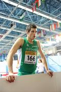 10 March 2012; Ireland's Ben Reynolds speaks to media after finishing in 5th postition during his heat of the Men's 60m Hurdles event. Reynolds qualified for tomorrow's Semi-Final as a fastest runner-up, with a time of 7.82, during the second day of the 14th IAAF World Indoor Championships. Atakoy Athletics Arena, Bakirkoy, Istanbul, Turkey. Picture credit: Stephen McCarthy / SPORTSFILE