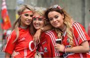 9 July 2017; Cork supporters, from left, Sarah Drohan, Niamh O'Leary and Chloe Morrissey at the Munster GAA Hurling Senior Championship Final match between Clare and Cork at Semple Stadium in Thurles, Co Tipperary. Photo by Piaras Ó Mídheach/Sportsfile