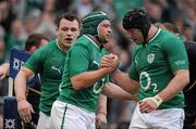 10 March 2012; Rory Best, Ireland, is congratulated by team mates Stephen Ferris, right, and Cian Healy, left, after scoring his side's first try. RBS Six Nations Rugby Championship, Ireland v Scotland, Aviva Stadium, Lansdowne Road, Dublin. Picture credit: Brendan Moran / SPORTSFILE