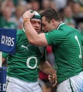 10 March 2012; Rory Best, Ireland, is congratulated by team mate Cian Healy, right, after scoring his side's first try. RBS Six Nations Rugby Championship, Ireland v Scotland, Aviva Stadium, Lansdowne Road, Dublin. Picture credit: Brendan Moran / SPORTSFILE