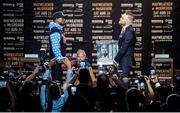 July 11 2017; Floyd Mayweather of USA, left, and Conor McGregor of Ireland face off on stage during the world tour press conference to promote the upcoming Mayweather vs McGregor boxing fight at Staples Center in Los Angeles, USA.  Photo by Gary A. Vasquez/Sportsfile