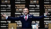July 11 2017; Conor McGregor of Ireland arrives on stage before the world tour press conference to promote the upcoming Mayweather vs McGregor boxing fight at Staples Center in Los Angeles, USA.  Photo by Gary A. Vasquez/Sportsfile