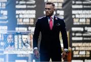 July 11 2017; Conor McGregor of Ireland arrives on stage before the world tour press conference to promote the upcoming Mayweather vs McGregor boxing fight at Staples Center in Los Angeles, USA.  Photo by Gary A. Vasquez/Sportsfile