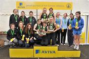 10 March 2012; Teams, from left to right, 2nd place St. Dominic's, Cabra, Co. Dublin, 1st place Colaiste Iosagain, Dublin, and 3rd place Rathmore Grammar, Belfast, Co. Antrim, after the team event in the Senior Girls 2500m race at the Aviva All-Ireland Schools' Cross Country 2012. St Mary’s College, Galway. Picture credit: Diarmuid Greene / SPORTSFILE