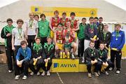 10 March 2012; Teams, from left to right, 2nd place Sullivan Upper School, Holywood, Co. Down, 1st place St. Fintan's, Sutton, Dublin, and 3rd place St Kieran’s, Kilkenny, after the team event in the Intermediate Boys 4500m race at the Aviva All-Ireland Schools' Cross Country 2012. St Mary’s College, Galway. Picture credit: Diarmuid Greene / SPORTSFILE