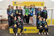 10 March 2012; Teams, from left to right, 2nd place Ballyclare H.S, Co. Antrim, 1st place Colaiste Iosagain, Dublin, and 3rd place Loreto Kilkenny after the Intermediate Girls 3500m race at the Aviva All-Ireland Schools' Cross Country 2012. St Mary’s College, Galway. Picture credit: Diarmuid Greene / SPORTSFILE