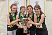 10 March 2012; The Colaiste Iosagain, Dublin, team, from left to right, Sarah NiMhaolmhuire, Siofra Cleirigh Buttner, Richeal NiLaoghaire, and Aoife NiMhaolmhanaigh with their trophy and gold medals after winning the Intermediate Girls 3500m race at the Aviva All-Ireland Schools' Cross Country 2012. St Mary’s College, Galway. Picture credit: Diarmuid Greene / SPORTSFILE