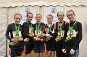 10 March 2012; The Colaiste Iosagain, Dublin, team, from left to right, Billy Kate Huggard, Grace NiShea, Hannah NiDhea, Aine DeSpainn, Grainne NiFhrigil, and Louise NiShea with their trophy and gold medals after winning the Minor Girls 2000m race at the Aviva All-Ireland Schools' Cross Country 2012. St Mary’s College, Galway. Picture credit: Diarmuid Greene / SPORTSFILE