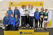 10 March 2012; Teams, from left to right, Skerries CC, Co. Dublin, 1st place St. MacDara's CC, Co. Dublin, and 3rd place Ursuline, Thurles, Co. Tipperary, after the Junior Girls 2000m race at the Aviva All-Ireland Schools' Cross Country 2012. St Mary’s College, Galway. Picture credit: Diarmuid Greene / SPORTSFILE