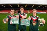 14 March 2012; Cork City players, from left to right, Shane Duggan, John Dunleavy, and Daryl Horgan showcase the new home strip for 2012 with premier club partners Clonakilty Blackpudding displayed. The green home jersey which goes on sale this Friday provides the perfect link to Cork City FC's latest initiative to recycle unwanted mobile phones, games and DVD's. Cork company 'Green Your Goods' will turn these into funds for the club. Supporters can simply place their unwanted items into the green freepost envelope until the end of May. Turner's Cross, Cork. Picture credit: Diarmuid Greene / SPORTSFILE