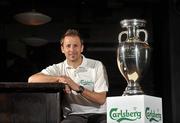 14  March 2012; Carlsberg, official beer to the Irish football team and UEFA Euro 2012™, hosted the UEFA Euro 2012™ trophy in Hogan’s Bar in Dublin with former Spanish International, Gaizka Mendieta. Twenty lucky prize-winners were selected to attend the exclusive event after they uploaded their pictures on the Carlsberg Ireland Football Facebook page www.facebook.com/carlsbergfootball to ‘Join the Green Army’. Check out the Carlsberg Ireland Football Facebook for a chance to win even more great prizes including VIP trips to UEFA Euro 2012™; a trip to watch Carlsberg ambassador Shay Given and his club in action; UEFA Euro 2012™ goodies and tickets; and exclusive ‘behind the scenes’ content from the BIG trip to Poland and the Republic of Ireland camp. Please note, you can only become a fan of the Carlsberg Ireland Football Facebook page if you are over 18. Hogans Bar, George's Street, Dublin. Picture credit: David Maher / SPORTSFILE