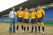 16 March 2012; Referee Paul Haycock, center, with from left, television Match official Kevin Beggs, assistant referees Brian MacNiece and Nigel Correll, and 4th official David Petherbridge. Powerade Leinster Schools Senior Cup Final Preview, Donnybrook Stadium, Donnybrook, Dublin. Photo by Sportsfile