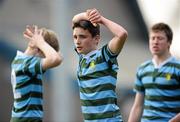 14 March 2012; Matthew O'Brien, St. Gerard’s School, shows his disappointment after a St. Andrew's College try. Fr. Godfrey Cup Final, St. Gerard’s School v St. Andrew’s College, Templeville Road, Dublin. Picture credit: Brian Lawless / SPORTSFILE