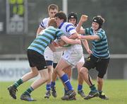 14 March 2012; Alex Waller, St. Andrew’s College, in action against Michael O'Toole, left, and Shane O'Shauhnessy, St. Gerard’s School. Fr. Godfrey Cup Final, St. Gerard’s School v St. Andrew’s College, Templeville Road, Dublin. Picture credit: Brian Lawless / SPORTSFILE
