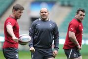 16 March 2012; Ireland captain Rory Best, centre, alongside team-mates Ronan O'Gara, left, and Cian Healy during the Squad Captain's Run ahead of their RBS Six Nations Championship match against England on Saturday. Ireland Rugby Squad Captain's Run, Twickenham Stadium, London, England. Picture credit: Matt Impey / SPORTSFILE