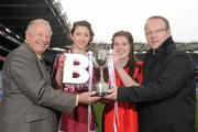 19 March 2012; In attendance at the Tesco All-Ireland Senior Post-Primary School Championship captains day are, from left, Pat Quill, President of the Ladies Gaelic Football Association, B finalists, Keira Commican, Presentation Athenry, Athenry, Co. Galway, Shauna Ennis, Scoil Mhuire SS, Trim, Co. Meath, and John Prendergast, Tesco, Head of Trade Planning and Local Marketing. The Tesco Senior Post Primary Schools Finals take place on the 24th and 25th of March. In the ‘A’ Final Loreto, Omagh, take on Colaiste Ide agus Iosef, Limerick. In the ‘B’ Final Presentation Athenry, Galway, will contest with Scoil Mhuire SS, Trim, and finally in the ‘C’ Final St. Augustine’s, Dungarvan, will do battle with Ursuline College, Sligo. Croke Park, Dublin. Picture credit: Pat Murphy / SPORTSFILE