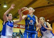 23 March 2012; Rachael Vanderwal, University of Limerick, in action against Niamh Dwyer, left, and Claire Rockall, Team Montenotte Hotel Cork. Nivea For Men’s SuperLeague Final 2012, University of Limerick Basketball Club v Team Montenotte Hotel Cork, National Basketball Arena, Tallaght, Dublin. Picture credit: Brendan Moran / SPORTSFILE