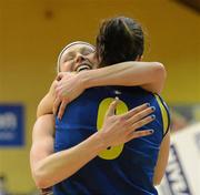 23 March 2012; Rachael Vanderwal, University of Limerick, celebrates with team-mate Michelle Fahy after victory over Team Montenotte Hotel Cork. Nivea For Men’s SuperLeague Final 2012, University of Limerick Basketball Club v Team Montenotte Hotel Cork, National Basketball Arena, Tallaght, Dublin. Picture credit: Brendan Moran / SPORTSFILE