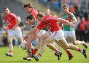 25 March 2012; Seamus O'Shea, Mayo, in action against Aidan Walsh and Michael Shields, left, Cork. Allianz Football League Division 1, Round 6, Mayo v Cork, McHale Park, Castlebar, Co. Mayo. Picture credit: Pat Murphy / SPORTSFILE