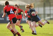 25 March 2012; Shannon Quinn, University of Ulster Jordanstown, in action against Louise Ni Mhuircheartaigh, University College Cork. O'Connor Cup Final, University of Ulster Jordanstown v University College Cork, Queen's University Belfast, University Road, Belfast. Picture credit: Oliver McVeigh / SPORTSFILE