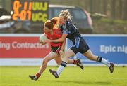 25 March 2012; Louise Ni Mhuircheartaigh, University College Cork, in action against Neamh Woods, University of Ulster Jordanstown. O'Connor Cup Final, University of Ulster Jordanstown v University College Cork, Queen's University Belfast, University Road, Belfast. Picture credit: Oliver McVeigh / SPORTSFILE