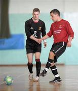 27 March 2012; Armenius Belcivius, IT Carlow, in action against Peter Oetvoes, University College Cork, during the final. Colleges and Universities Futsal National Cup Finals, Gormanston College, Gormanston, Co. Meath. Photo by Sportsfile