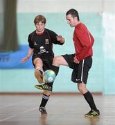 27 March 2012; Pierce Donnachie, IT Carlow, in action against Paul Westerhof, University College Cork, during the final. Colleges and Universities Futsal National Cup Finals, Gormanston College, Gormanston, Co. Meath. Photo by Sportsfile