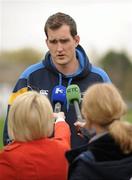 2 April 2012; Leinster's Devin Toner speaking to the media during a press conference ahead of their side's Heineken Cup Quarter-Final game against Cardiff Blues on Saturday. Leinster Rugby Squad Press Conference. UCD, Belfield, Dublin. Picture credit: Brendan Moran / SPORTSFILE