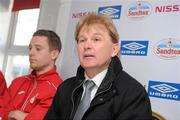 3 April 2012; St. Patrick's Athletic's manager Liam Buckley with Ger O'Brien during a press conference ahead of their Airtricity League Premier Division game against Shamrock Rovers on Friday night. Richmond Park, Dublin. Picture credit: David Maher / SPORTSFILE