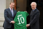 3 April 2012; An Taoiseach Enda Kenny T.D. with Republic of Ireland manager Giovanni Trapattoni at the launch of 'Enda’s trek with Trap’s Green Army' to promote a charity climb of Croagh Patrick on April 28th. Government Buildings, Merrion Street, Dublin. Picture credit: David Maher / SPORTSFILE