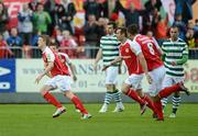 6 April 2012; Chris Forrester, left, St Patrick's Athletic, celebrates after scoring his side's first goal with team-mate's Greg Bolger and James Chambers, 8. Airtricity League Premier Division, St Patrick's Athletic v Shamrock Rovers, Richmond Park, Dublin. Picture credit: David Maher / SPORTSFILE