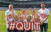 31 July 2017; In attendance are #hurlthehabit ambassadors, former Cork hurler Joe Deane, left, and former Waterford hurler Tony Browne, with children from the Killeagh GAA club, Co Cork, and St Colmcilles, GAA club, Co Meath, at the launch of the 2017 GAA Health & Wellbeing Theme Day, taking place on August 13th in Croke Park for the All Ireland Hurling Semi-final between Cork and Waterford. For more information, visit: www.gaa.ie/community Follow: @officialgaa or Like: www.facebook.com/officialgaa. Croke Park, in Dublin. Photo by Piaras Ó Mídheach/Sportsfile