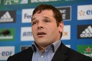 7 April 2012; Leinster's Mike Ross speaking to the media during a post-match press conference. Heineken Cup Quarter-Final, Leinster v Cardiff Blues, Aviva Stadium, Lansdowne Road, Dublin. Picture credit: Stephen McCarthy / SPORTSFILE