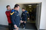 11 April 2012; Paul Walsh, from Statsports, fits a GPS device to Leinster's Shane Jennings, during squad training ahead of their Celtic League game against Edinburgh on Friday. Leinster Rugby Open Squad Training, RDS, Ballsbridge, Dublin. Picture credit: Stephen McCarthy / SPORTSFILE