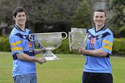 12 April 2012; Dublin and UCD footballer Rory O'Carroll, left, holding the Sam Maguire Cup, and Dublin and UCD hurler Liam Rush, holding the Liam MacCarthy Cup, during a visit to UCD. AIB Bank, University College Dublin, Belfield, Dublin. Picture credit: Matt Browne / SPORTSFILE