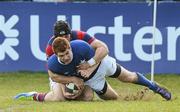 14 April 2012; Conor Hogan, St. Mary's College, scores his side's first try despite the tackle of Noel Reid, Clontarf. Ulster Bank League Division 1A, Clontarf v St. Mary's College, Castle Avenue, Clontarf, Dublin. Picture credit: Matt Browne / SPORTSFILE