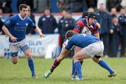 14 April 2012; Noel Reid, Clontarf, is tackled by Ciaran Ruddock, behind, and Gareth Austin, St. Mary's College. Ulster Bank League Division 1A, Clontarf v St. Mary's College, Castle Avenue, Clontarf, Dublin. Picture credit: Matt Browne / SPORTSFILE