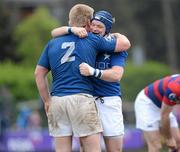 14 April 2012; Gavin Dunne and Richard Sweeney, left, St. Mary's College, celebrate after the final whistle. Ulster Bank League Division 1A, Clontarf v St. Mary's College, Castle Avenue, Clontarf, Dublin. Picture credit: Matt Browne / SPORTSFILE