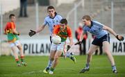 14 April 2012; Ronan O'Brien, Carlow, in action against Niall Scully and David Campbell, right, Dublin. Leinster GAA Football Minor Championship First Round, Carlow v Dublin, Dr. Cullen Park, Carlow. Picture credit: Matt Browne / SPORTSFILE