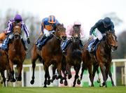 15 April 2012; Homecoming Queen, right, with Colm O'Donoghue up, leads, from left, eventual third placed finisher Up, with Joseph O'Brien up, eventual second placed finisher Fire Lily, with Wayne Lordan, up, and After, with Seamus Heffernan up, on their way to winning the Leopardstown 1,000 Guineas Trial Stakes. Leopardstown Racecourse, Leopardstown, Co. Dublin. Picture credit: Barry Cregg / SPORTSFILE
