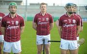 15 April 2012; Galway's Joe Canning stands for the National Anthem before the game, flanked by team-mates David Burke, left, and David Collins, right. Allianz Hurling League Division 1A Relegtion Play-off, Galway v Dublin, O'Connor Park, Tullamore, Co. Offaly. Photo by Sportsfile