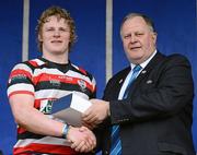 15 April 2012; Tony Ryan, Enniscorthy RFC, receives his man of the match award from Leinster president Stuart Bayley. Provincial Towns Cup Final, Tullow RFC v Enniscorthy RFC, Portarlington RFC, Portarlington, Co Laois. Picture credit: Matt Browne / SPORTSFILE