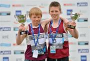 15 April 2012; Mullingar Harriers A.C., athletes James Moran, left, and Andrew Daly who placed first and third respectively in the SPAR Junior, age 9-11, Great Ireland Run 2012. Phoenix Park, Dublin. Picture credit: Stephen McCarthy / SPORTSFILE