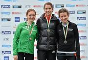 15 April 2012; Winner of AAI Women's National 10km Championships Linda Byrne, Dundrum South Dublin A.C., centre, with second place Fiona Roche, Raheny Shamrocks A.C., left, and third place Sarah McCormack, Clonliffe Harriers A.C., at the SPAR Great Ireland Run 2012. Phoenix Park, Dublin. Picture credit: Stephen McCarthy / SPORTSFILE