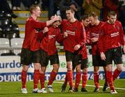 16 April 2012; Crusaders' David Rainey, centre, celebrates with team-mates Timmy Adamson, left, and Declan Caddell after scoring his side's second goal. Setanta Sports Cup Semi-Final, First Leg, Crusaders v Sligo Rovers, Seaview, Belfast, Co. Antrim. Picture credit: Oliver McVeigh / SPORTSFILE