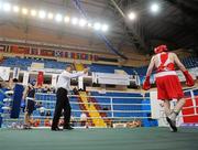 17 April 2012; Paddy Barnes, right, Ireland, is ordered back to his corner by referee Martin Tadic, after stopping the bout in the second round of his victory over Istvan Ungvari, Hungary, during their Lightfly 46-49kg bout. AIBA European Olympic Boxing Qualifying Championships, Hayri Gür Arena, Trabzon, Turkey. Picture credit: David Maher / SPORTSFILE