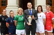 6 August 2017; In attendance as an Taoiseach Leo Varadkar T.D. meets the captains of each of the 12 competing teams in the Women's Rugby Worlds Cup 2017 are, from left, New Zealand captain Fiao'o Fa'amausili, France captain Gaëlle Mignot, Ireland captain Claire Molloy, An Taoiseach Leo Varadkar, England captain Sarah Hunter and Canada captain Kelly Russell at Government Buildings in Dublin. Photo by Sam Barnes/Sportsfile