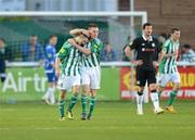 20 April 2012; Kieran Marty Waters, left, Bray Wanderers, is congratulated by team-mate John Mulroy after scoring his side's second goal. Airtricity League Premier Division, Bray Wanderers v Shamrock Rovers, Carlisle Grounds, Bray, Co. Wicklow. Photo by Sportsfile